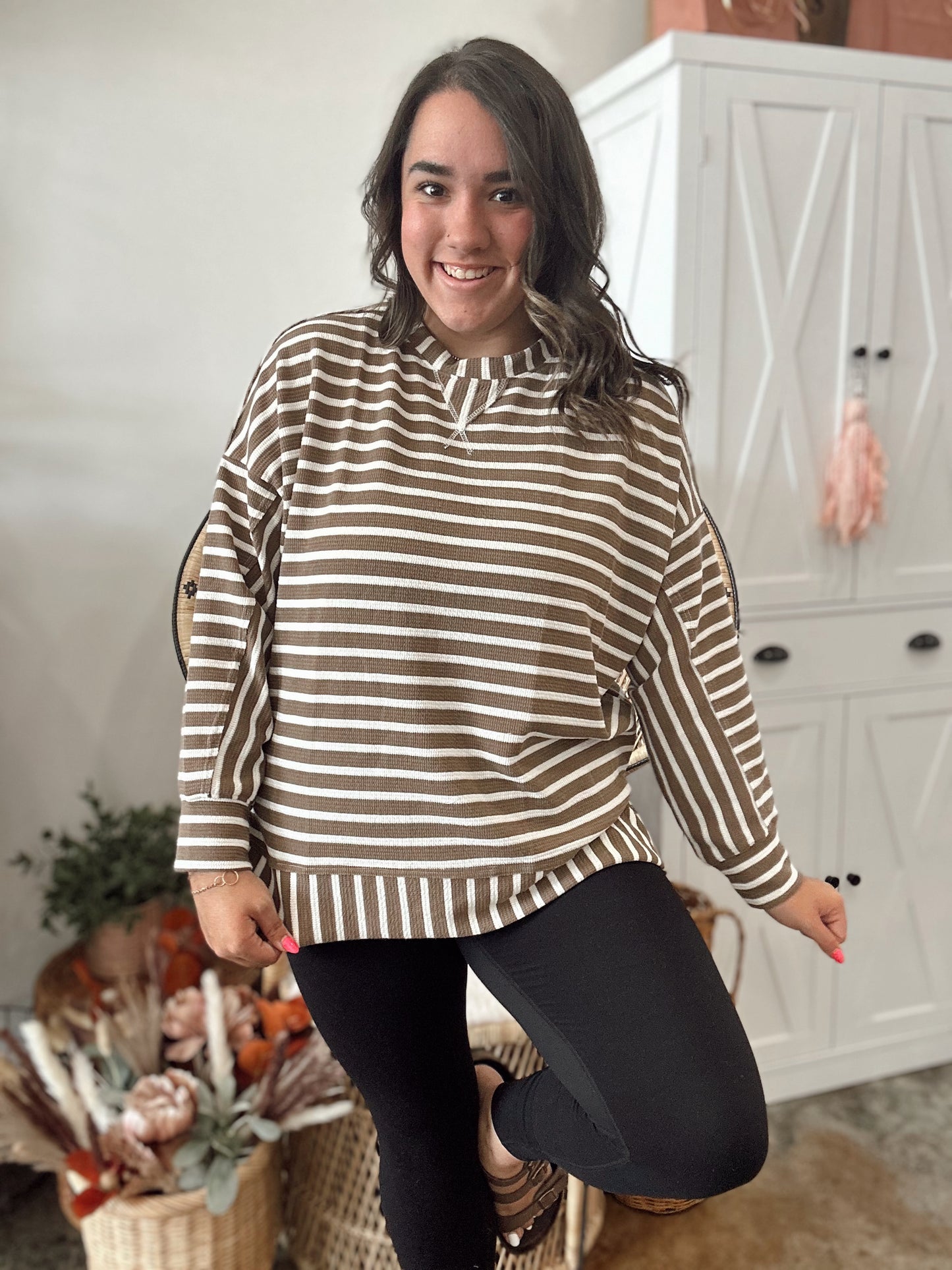 Brown and White Stripped Autumn Top