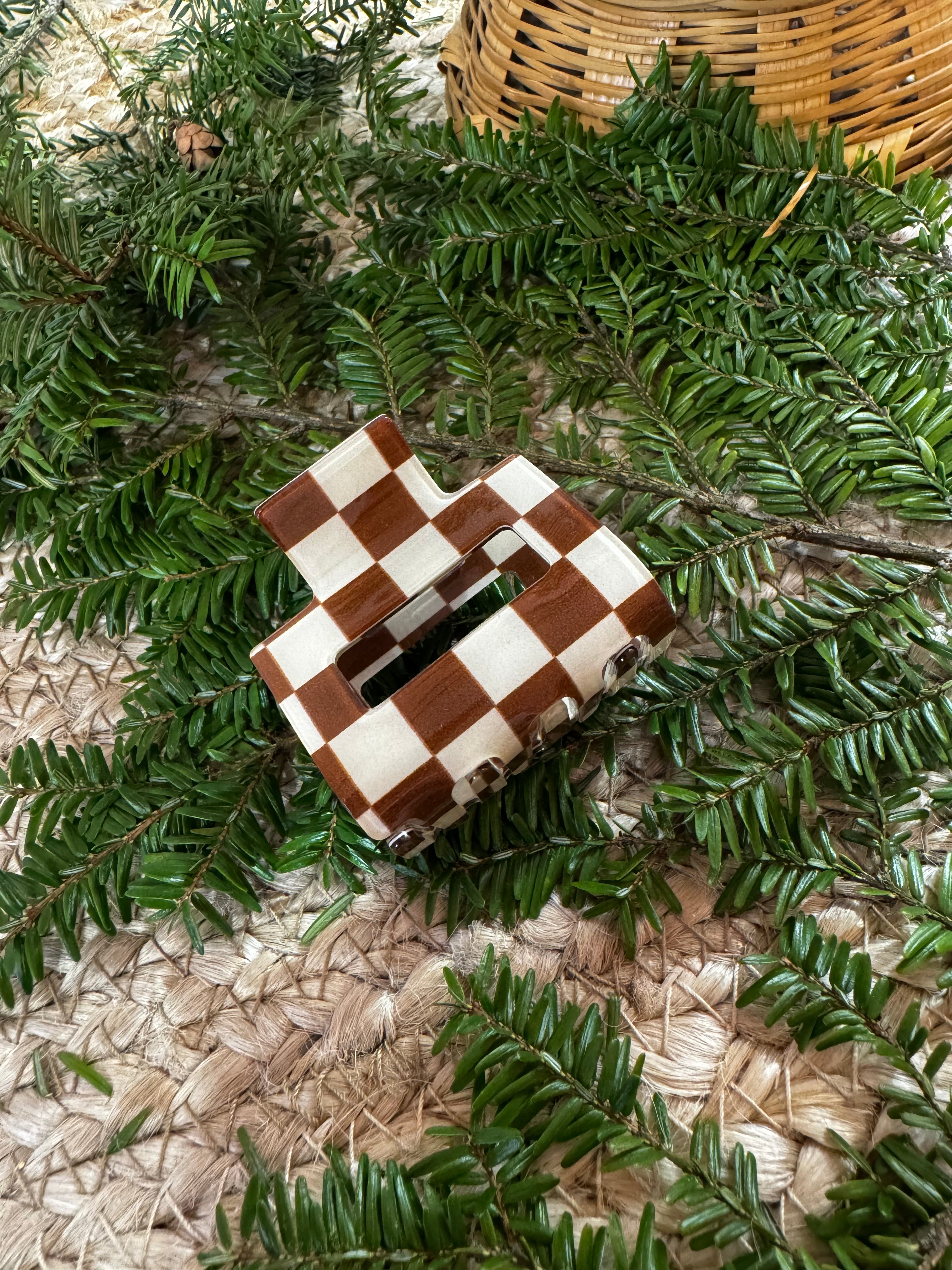 Brown & White Checkered Claw Hair Clip (Mini)