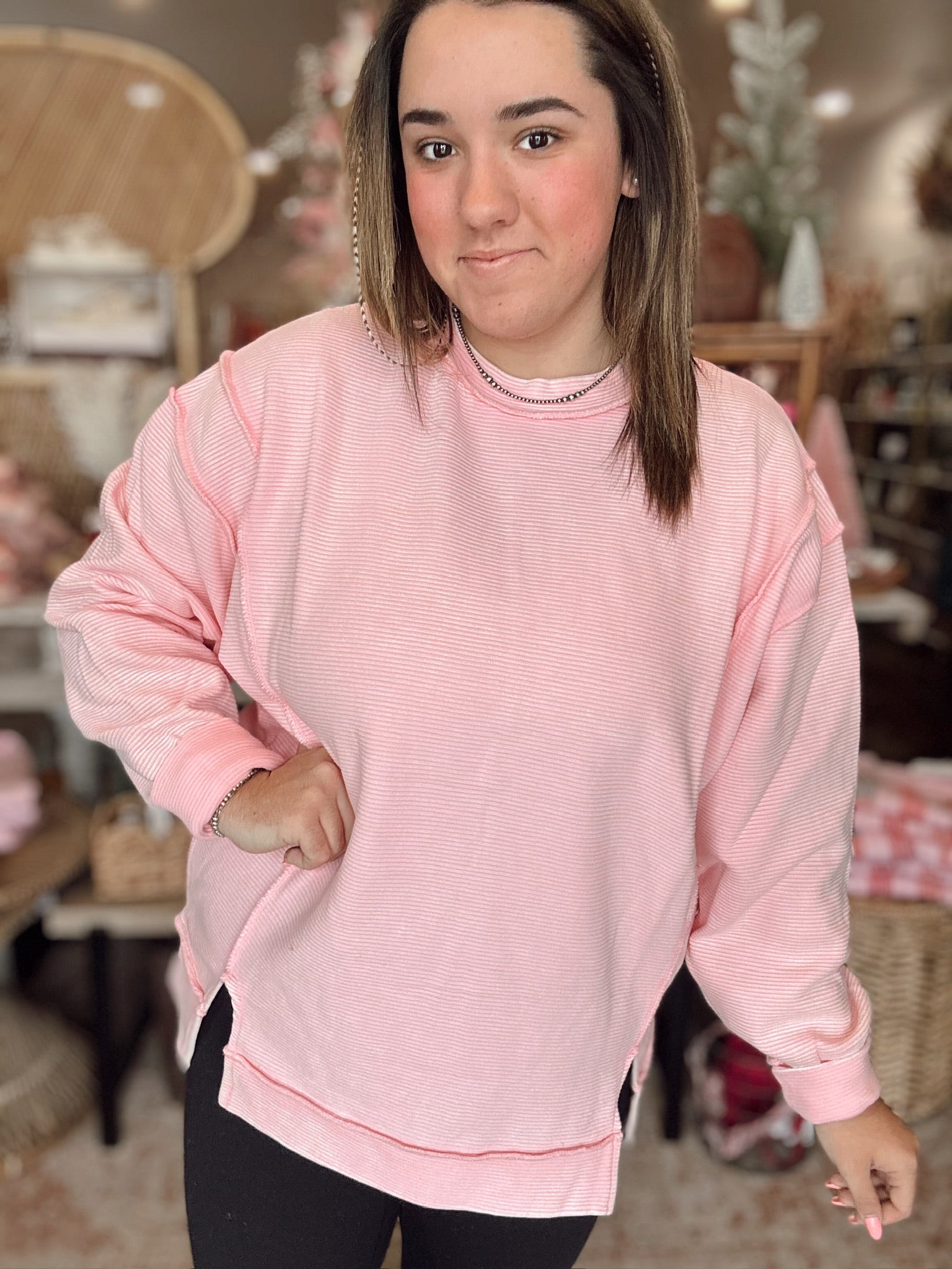 Anna Ribbed Crewneck (Rose)