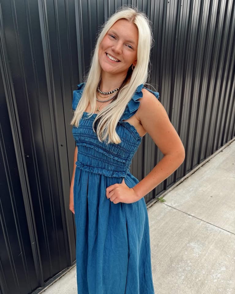 Smocked Ruffle Denim Dress