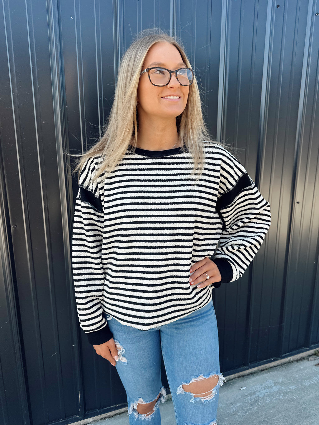 Viral Black Striped Cutout Long Sleeve