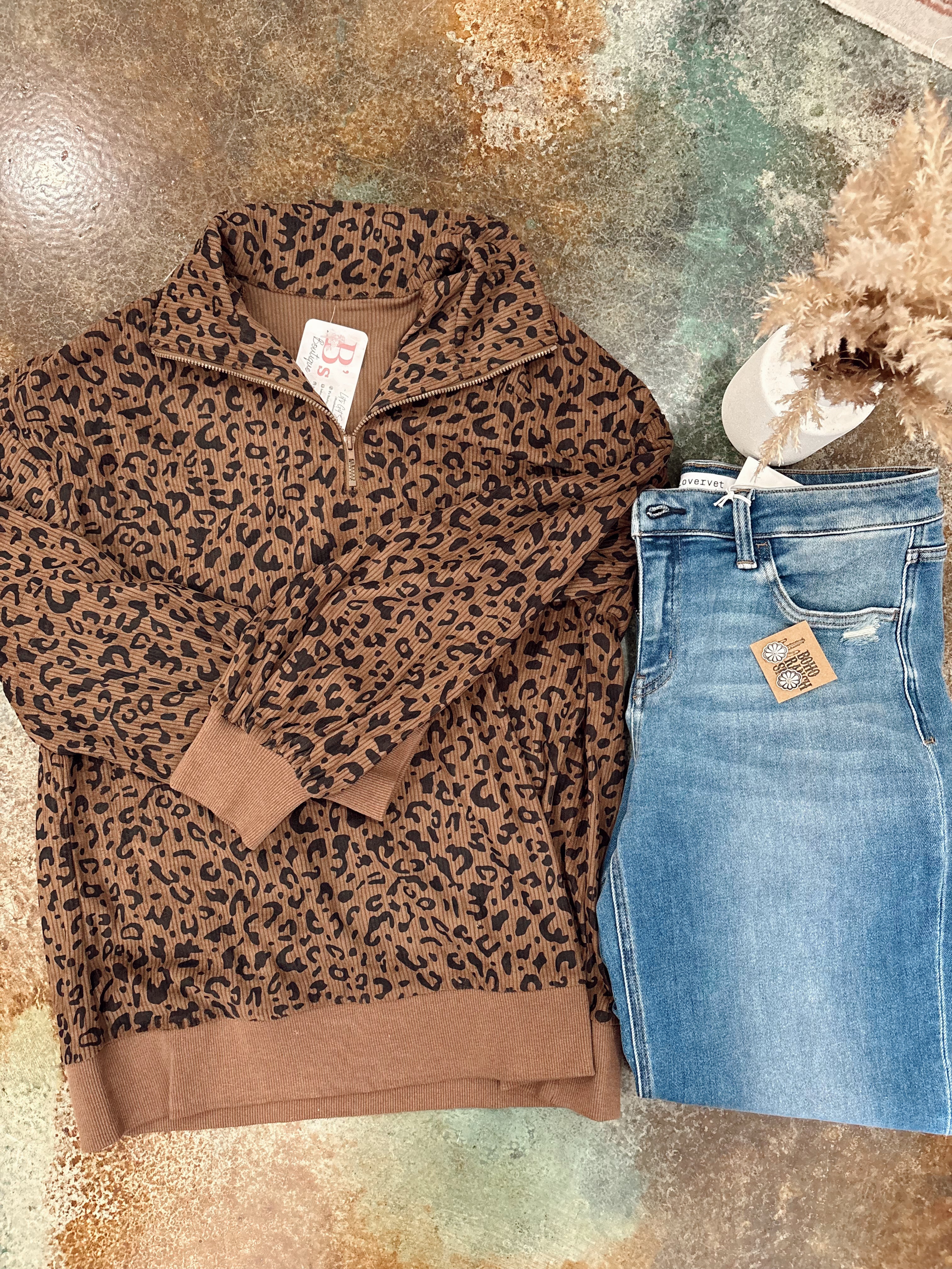 Leopard Quarter Zip (Brown)