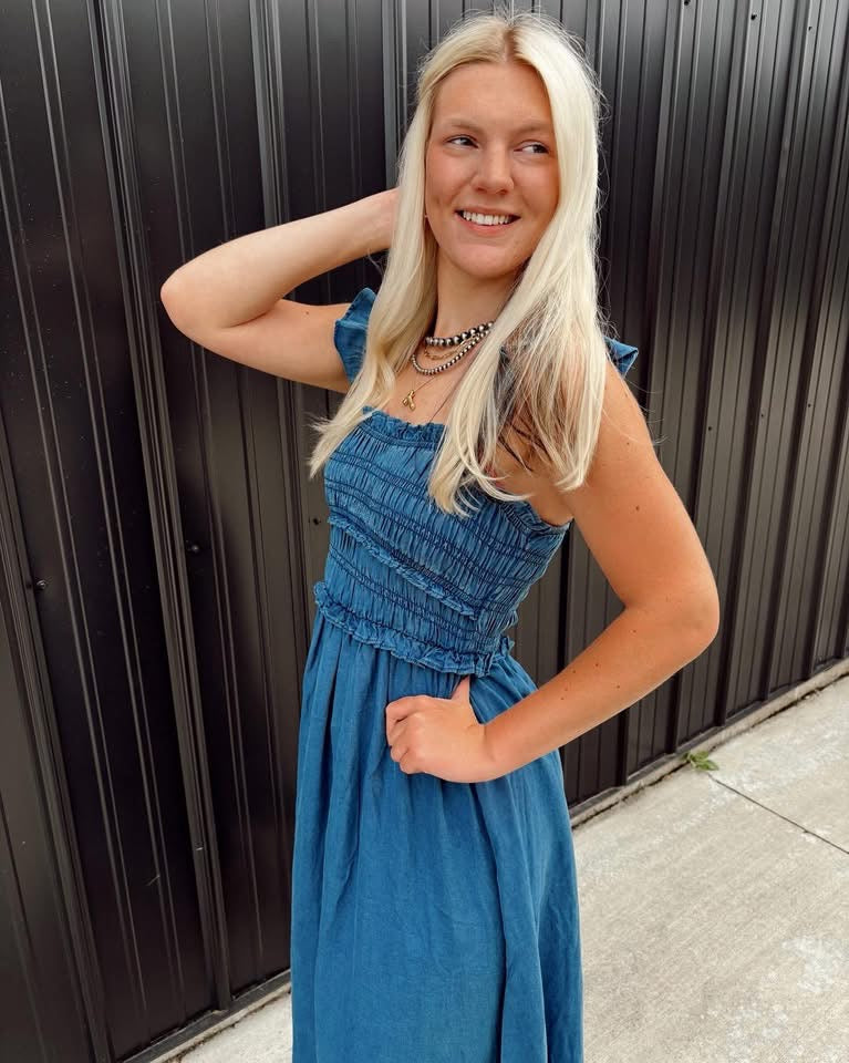 Smocked Ruffle Denim Dress