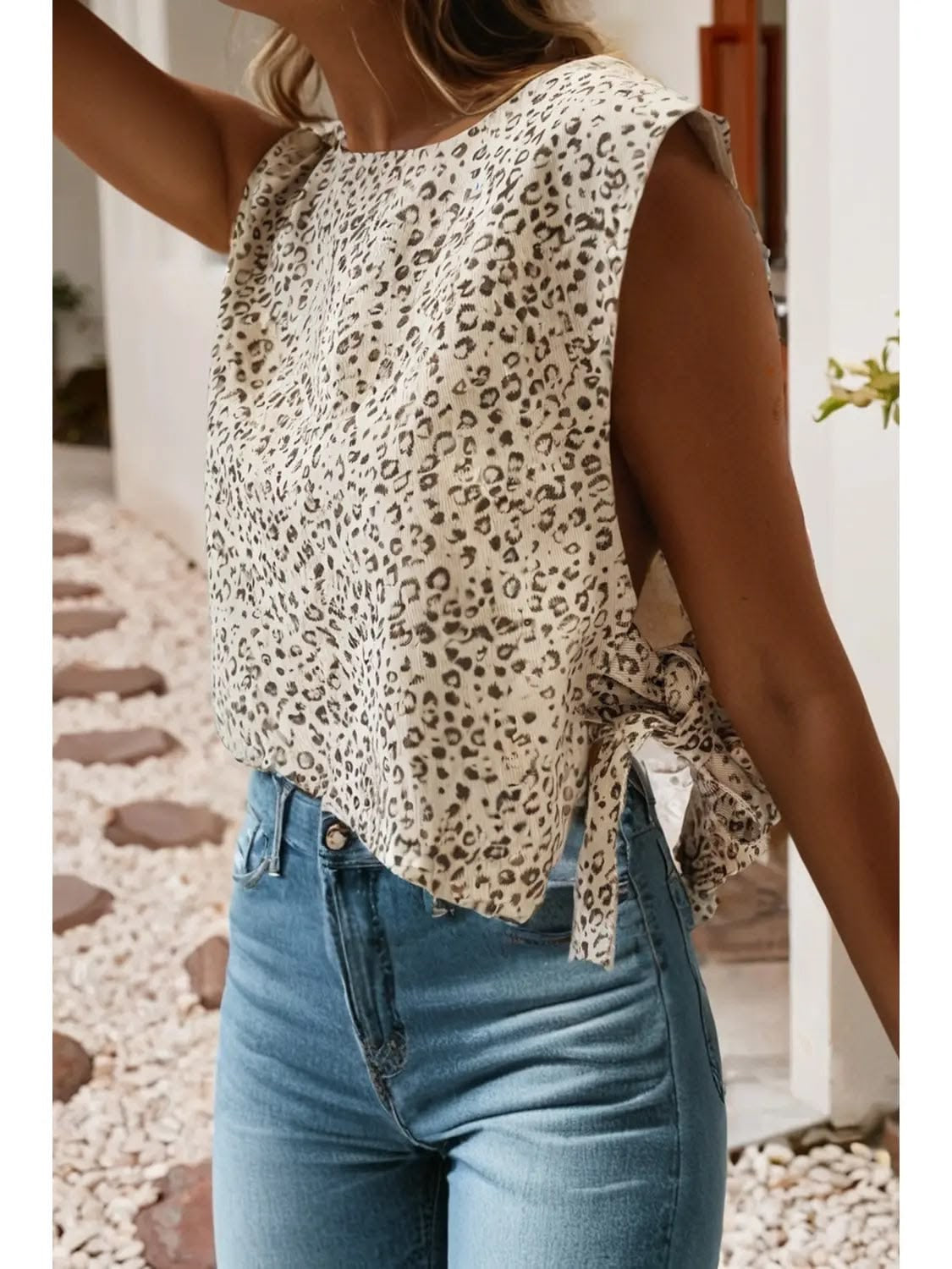 Leopard Print Knot Side Twill Vest