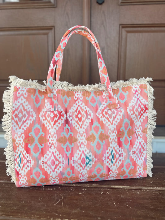 Stella Boho Pattern Fringe Tote Bag - Coral