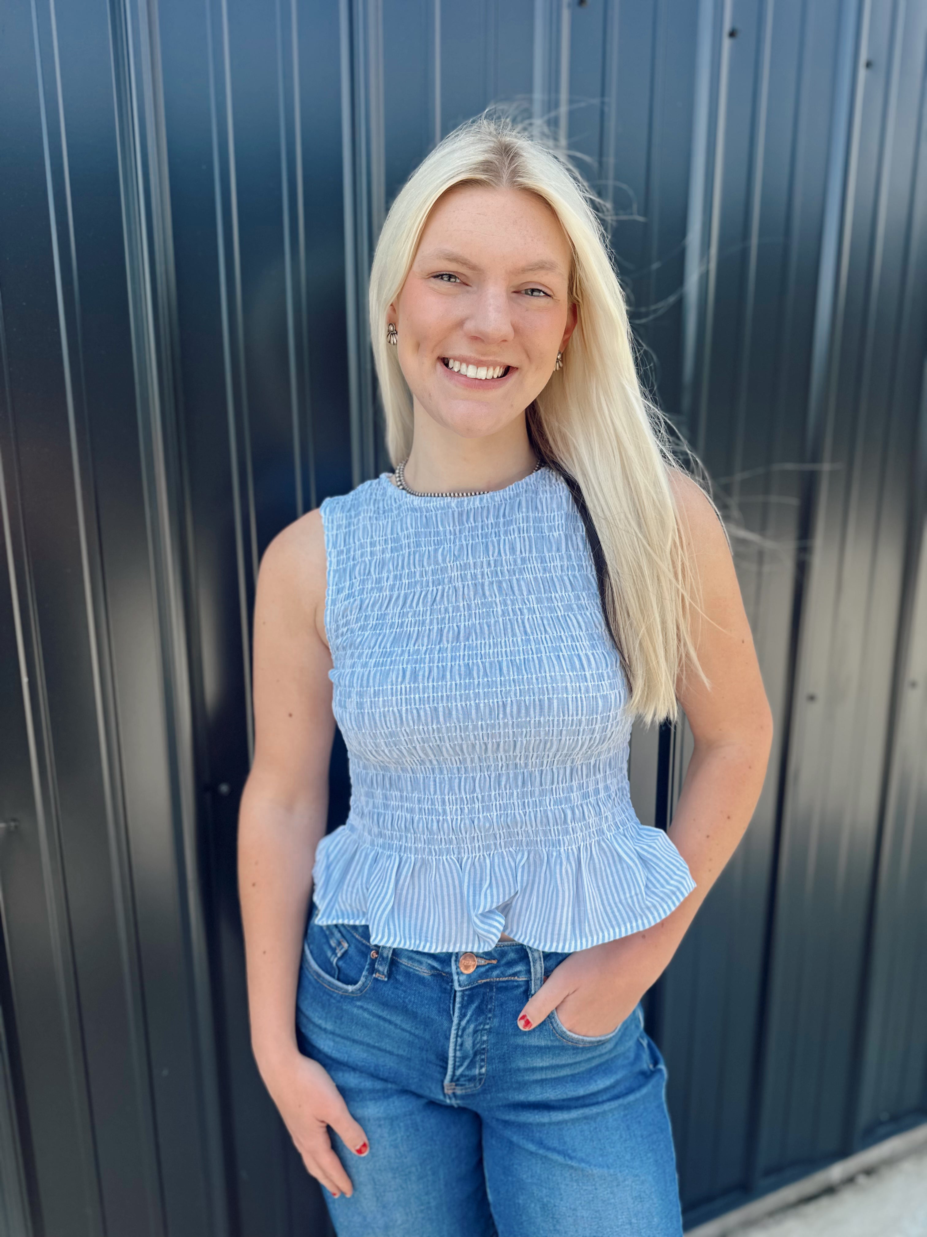 Striped Smocked Blouse (Light Blue)