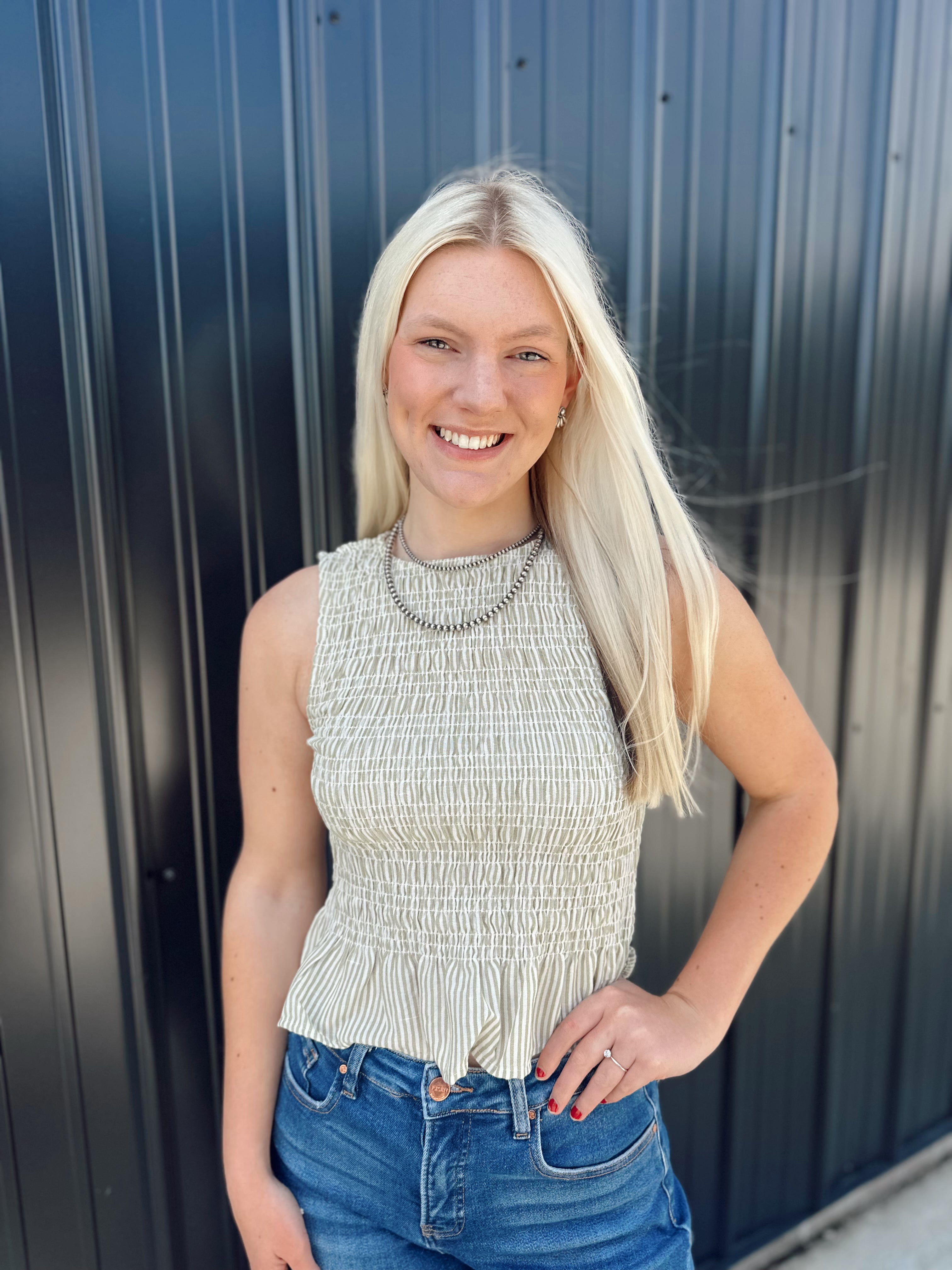 Striped Smocked Blouse (Olive)