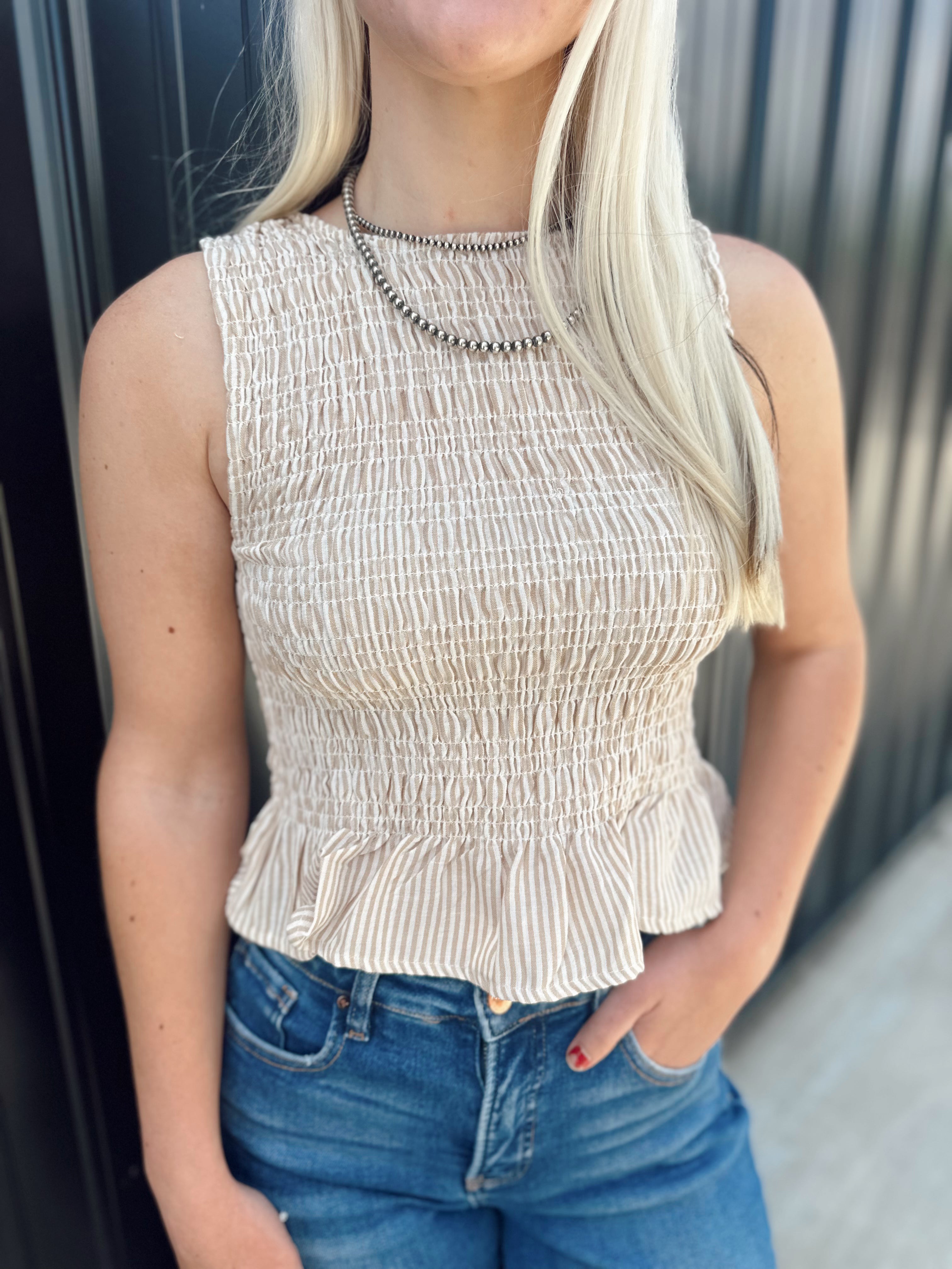 Striped Smocked Blouse (Khaki)