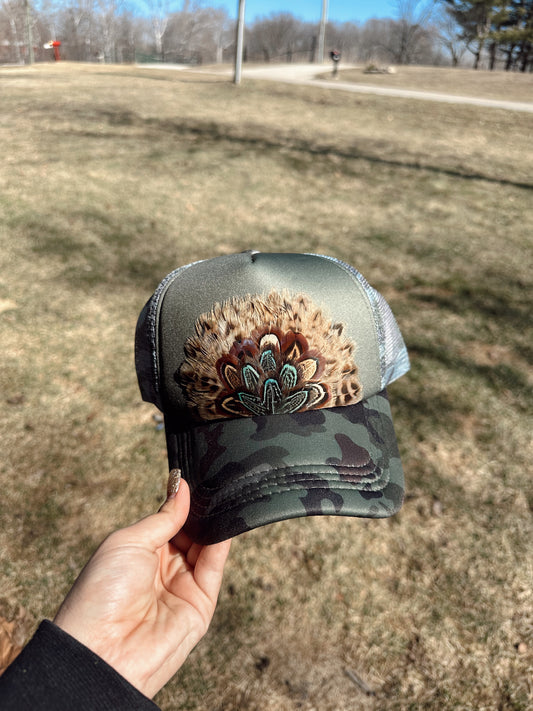 Feather Hat (Camo w/ Teal)