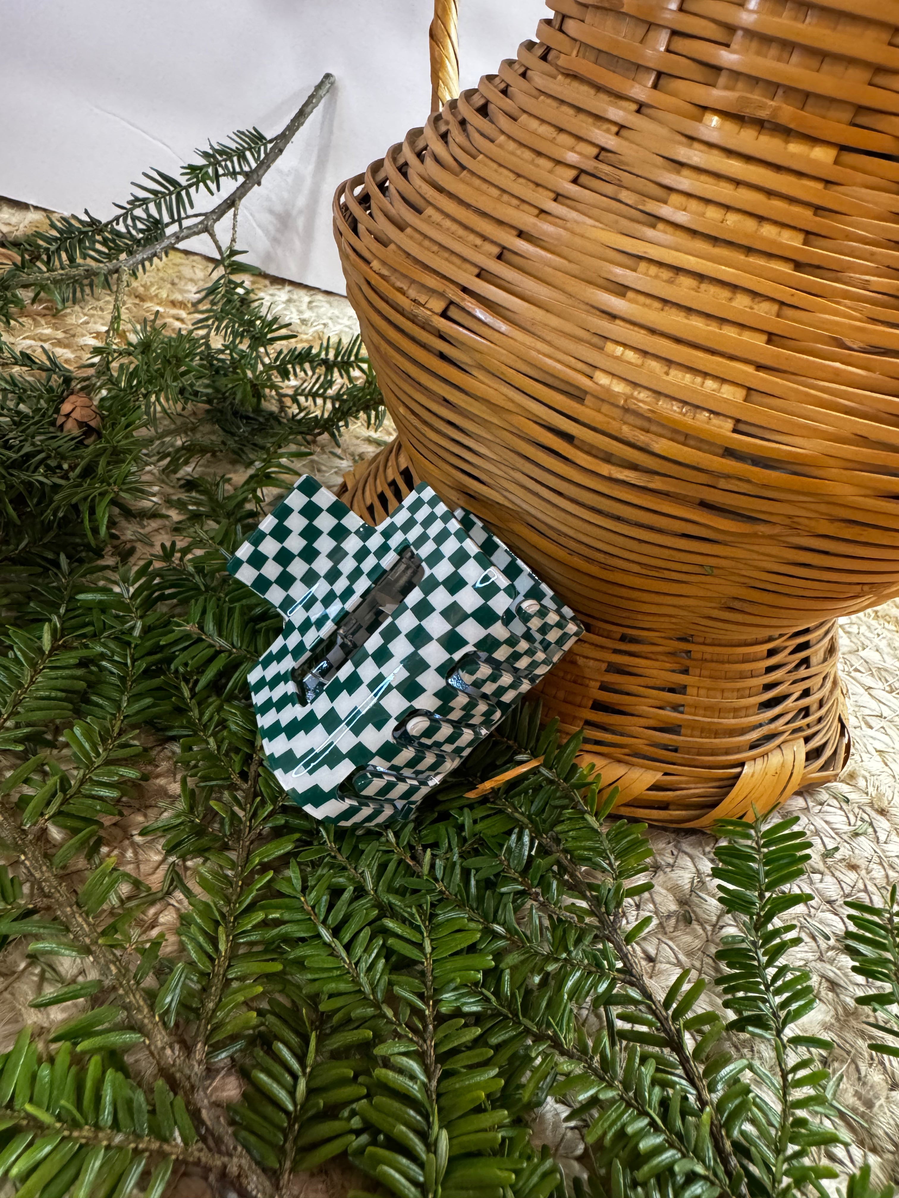 Green & White Small Checkered Claw Hair Clip (Mini)