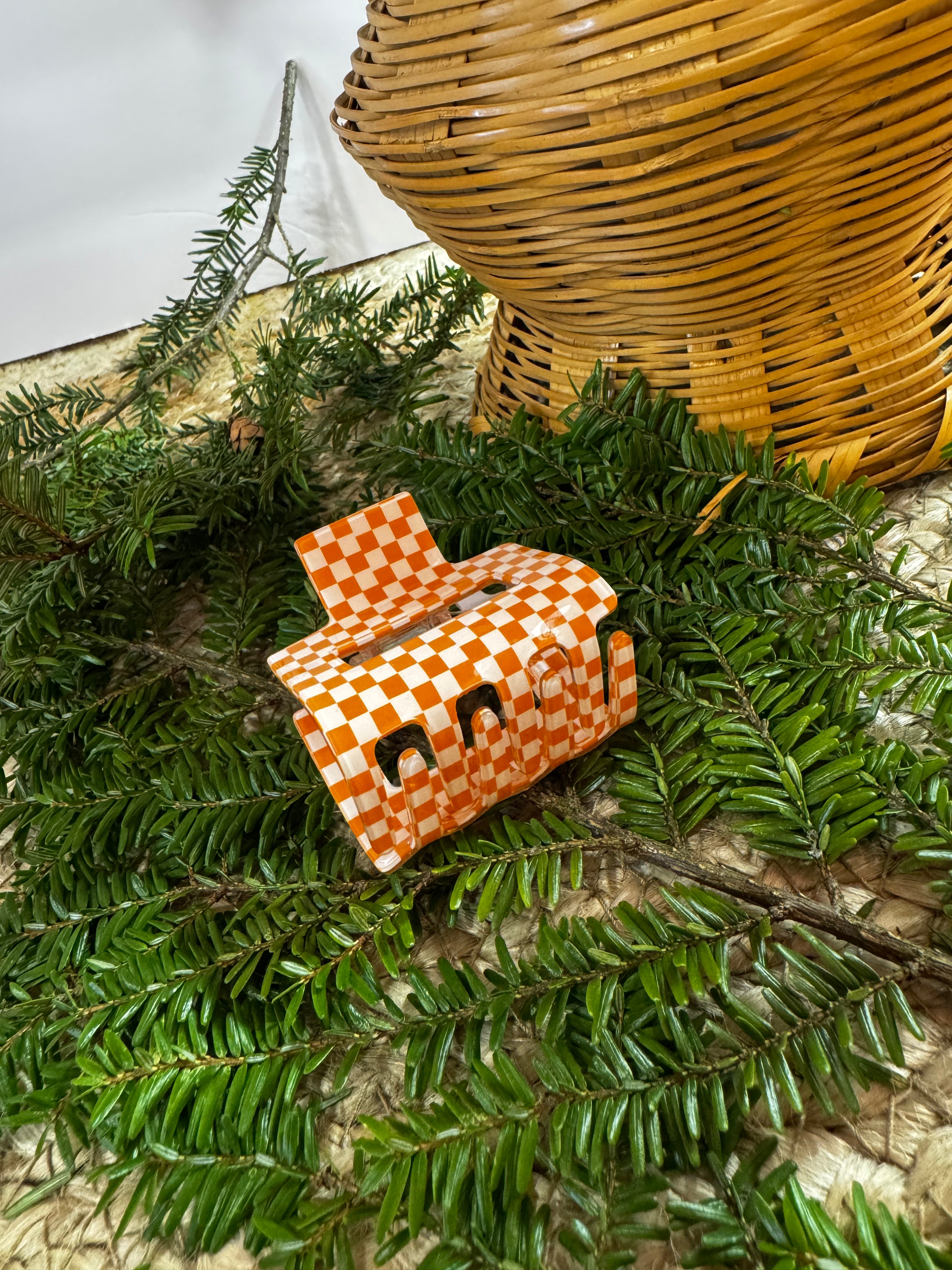 Orange & White Small Checkered Claw Hair Clip (Mini)